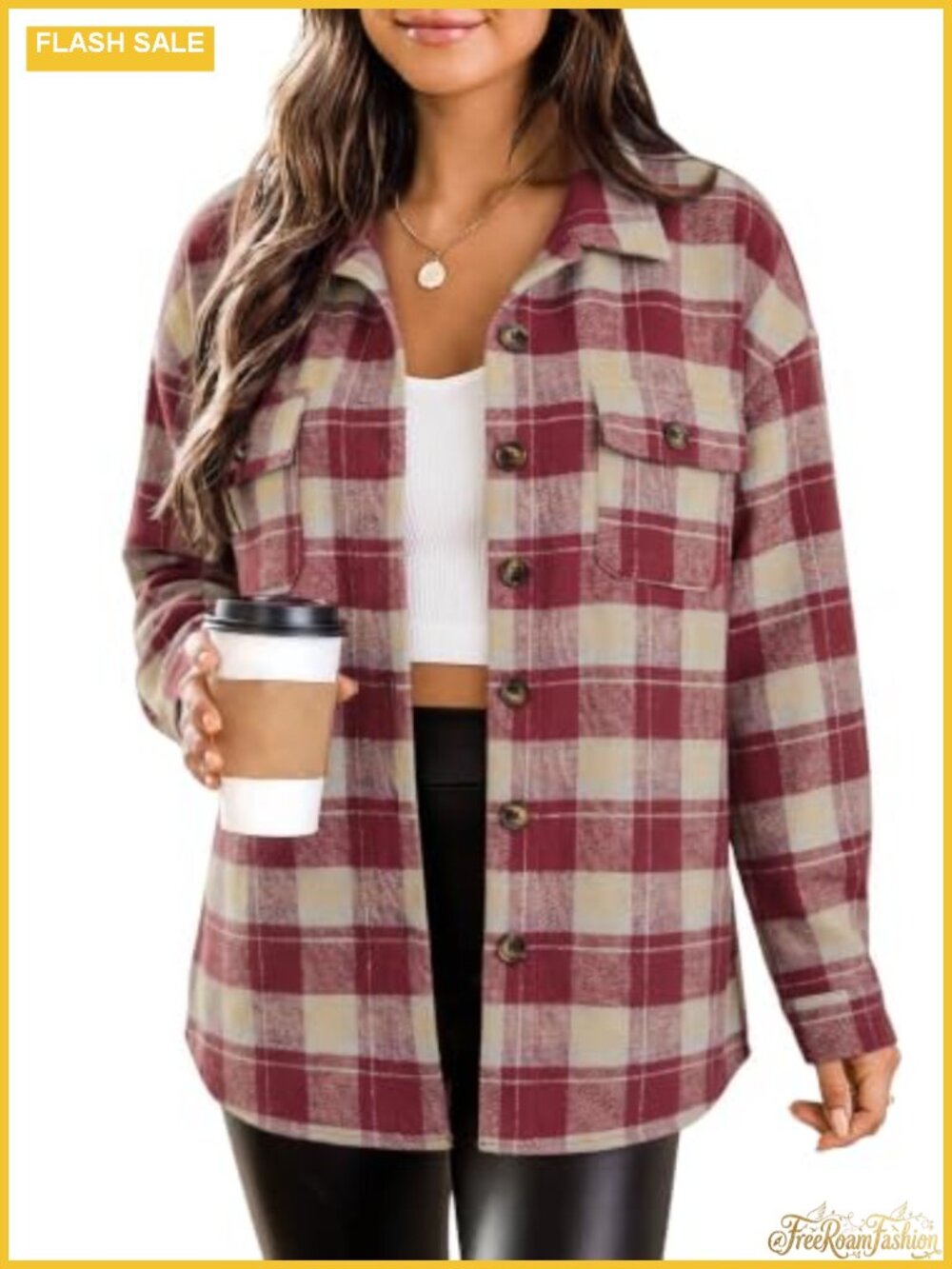 Women's Plaid Flannel Button Down Shacket Jacket Fall Winter